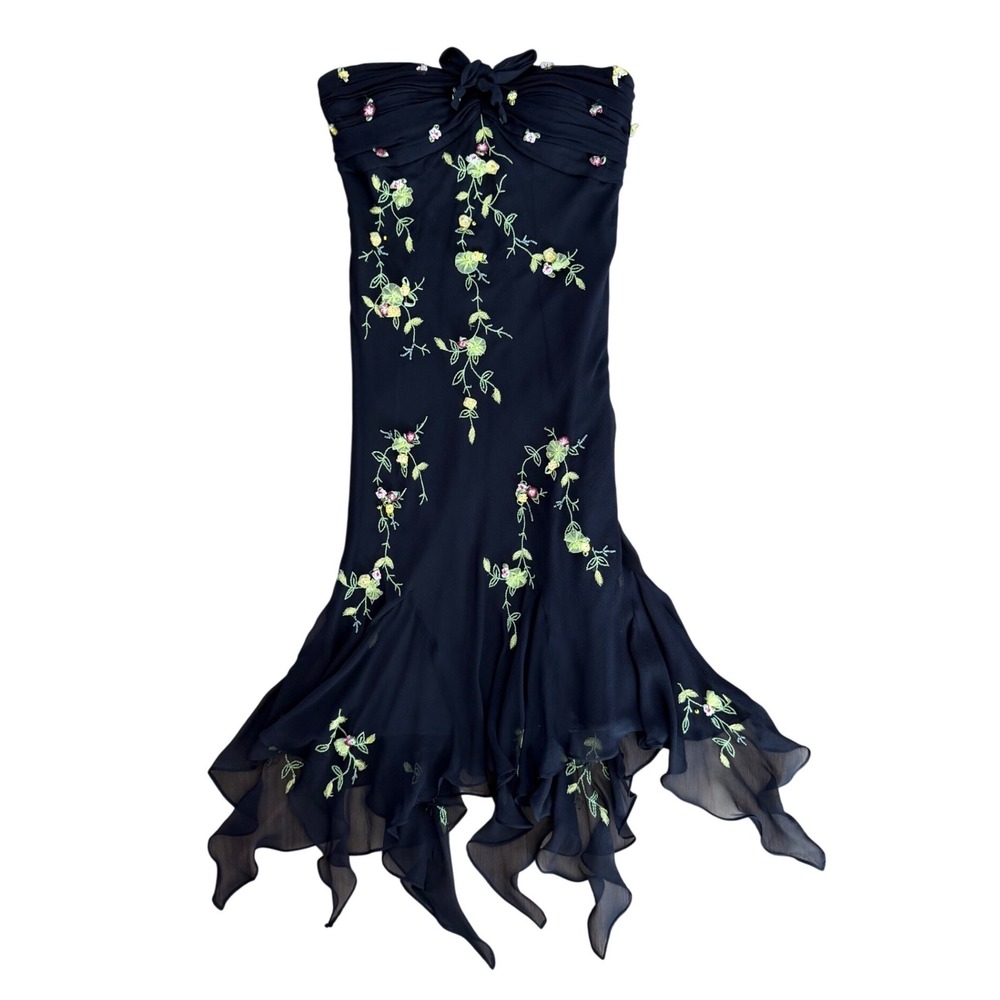 Vintage Scala Silk 3D Floral embroidered Beaded Strapless Handkerchief Dress S